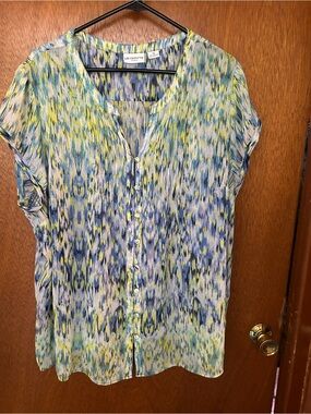 Liz Claiborne Blue, Yellow & Green Short-Sleeve Button Front Blouse